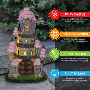 Solar Hand Painted Fairy Castle Garden Statue, Pink Petal Roof, 5.5 by 10 Inches | Shop Garden Decor by Exhart
