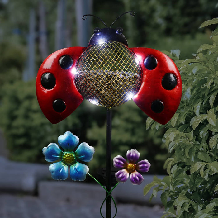 Solar Hand Painted Ladybug Metal Mesh Pellet Bird Feeder Garden Stake, 12.5 by 36 Inches