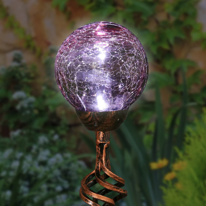 Solar Purple Crackle Glass Ball Garden Stake with Metal Finial Detail, 4 by 31 Inches