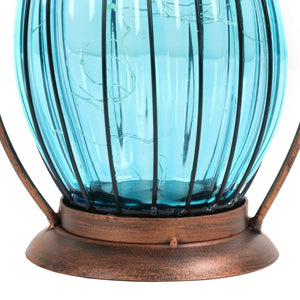 Solar Antique Metal and Sea Blue Glass Accent Lantern with Fifteen LED Firefly String Lights, 7 by 14 Inches | Exhart