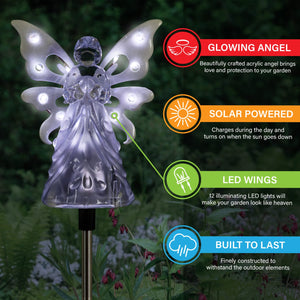Solar Clear White Angel with Wings and Twelve LED lights on a Metal Garden Stake, 4 by 34 Inches | Shop Garden Decor by Exhart