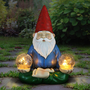 Good Time Solar Gnamaste Meditating Yoga Gnome with Two Crackle Glass Firefly Balls Garden Statue, 11 Inch | Exhart