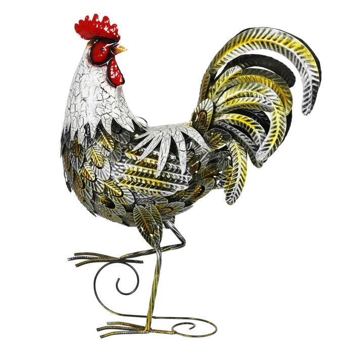 White and Gold Metal Rooster Garden Statue, 7 by 25 Inches