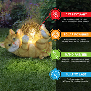 Solar Cat Playing with LED Crackle Ball Garden Statuary, 10.5 by 7.5 Inches | Shop Garden Decor by Exhart