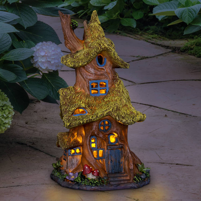 Solar Thatch Roof Fairy Tree House Garden Statue, 13 Inch