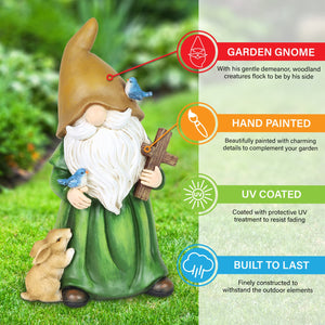 Garden Gnome Monk Statue with Cross and Woodland Creatures, 6 x 5 x 10.5 Inches | Shop Garden Decor by Exhart