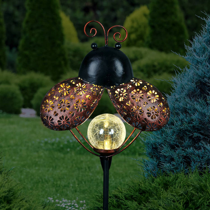 Solar Filigree Metal Ladybug Stake with Glass Crackle Ball Center in Bronze, 7.5 by 39 Inches
