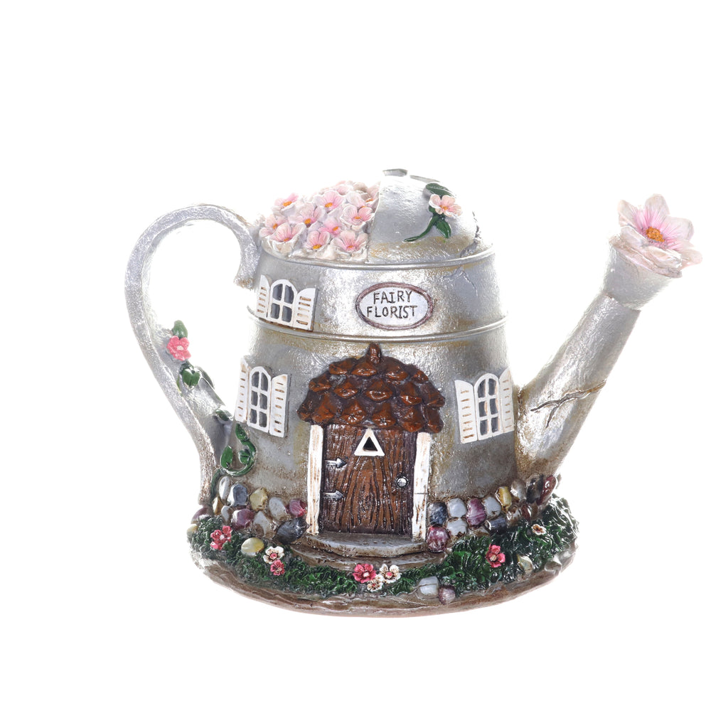 Solar Silver Tea Pot Fairy House Garden Statue, 7 Inch