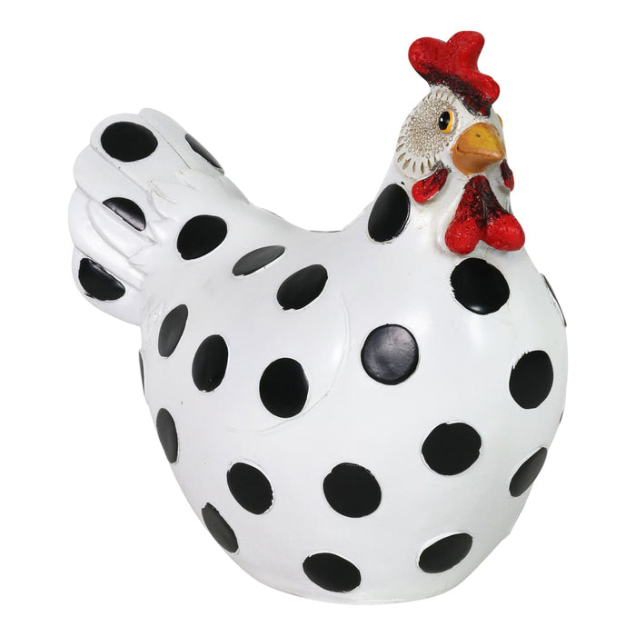 Black Polka Dot White Garden Hen Statue, 9 Inch