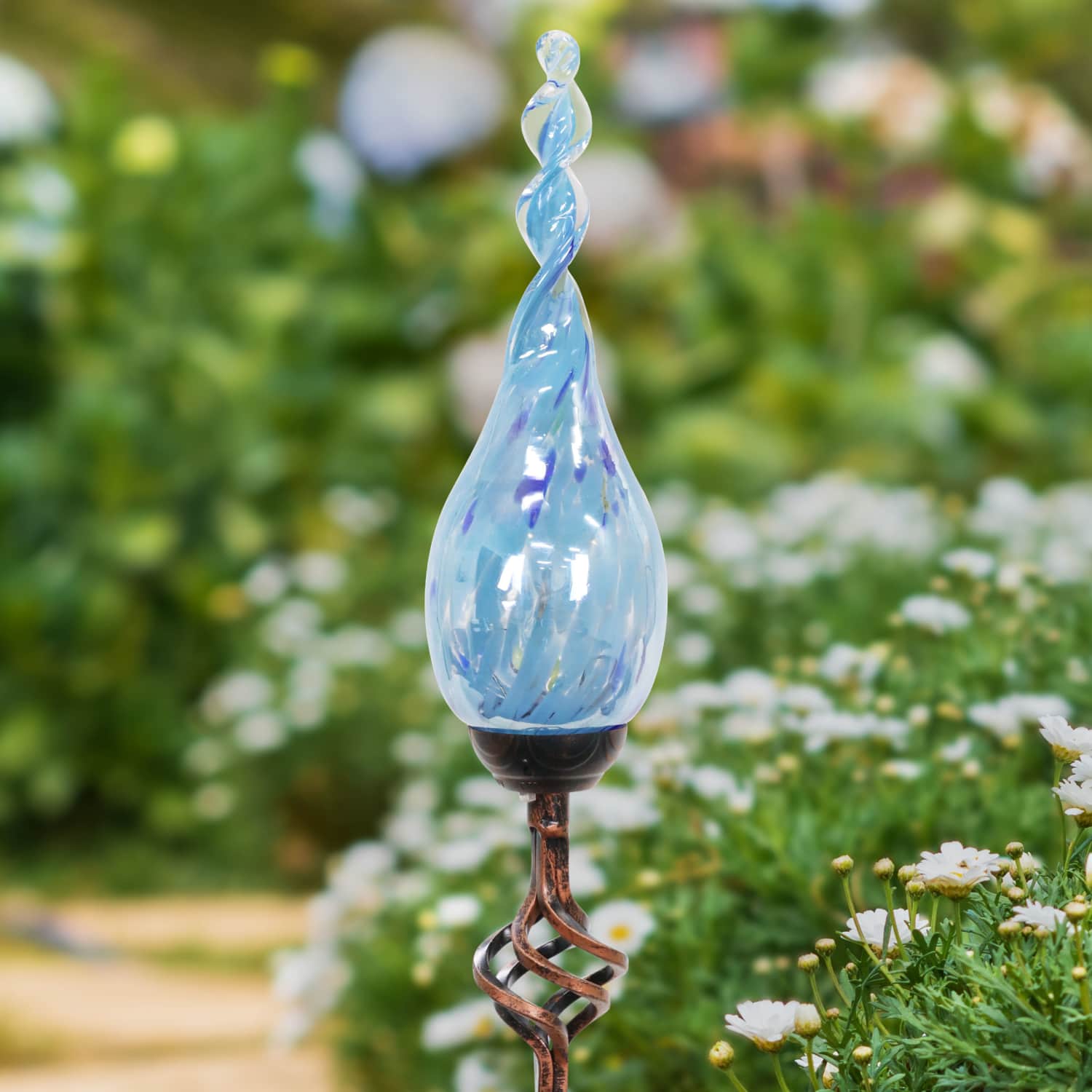 Solar Pearlized Glass Twisted Flame Garden Stake with Metal Finial Detail in Light Blue, 36 Inch | Shop Garden Decor by Exhart