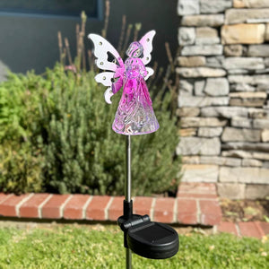 Solar Acrylic Angel with Wings and Twelve LED lights Metal Garden Stake in Pink, 4 by 34 Inches | Shop Garden Decor by Exhart