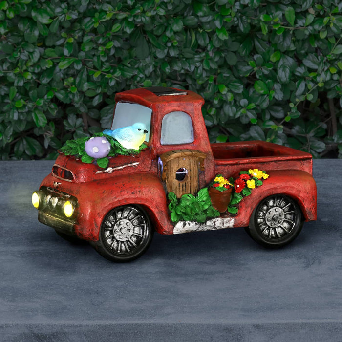 Solar Hand Painted Nostalgic Truck Garden Statue, 11 by 6 Inches