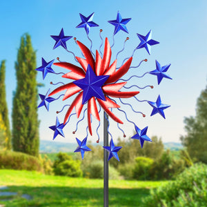 Patriotic Double Star Windmill Kinetic Spinner Stake, 20 by 71 Inches | Shop Garden Decor by Exhart