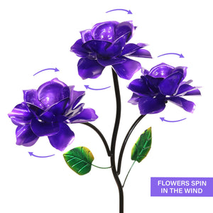 Triple Rose Flower Wind Spinner Garden Stake Hand Painted in Metallic Purple, 20 by 54 Inches | Shop Garden Decor by Exhart