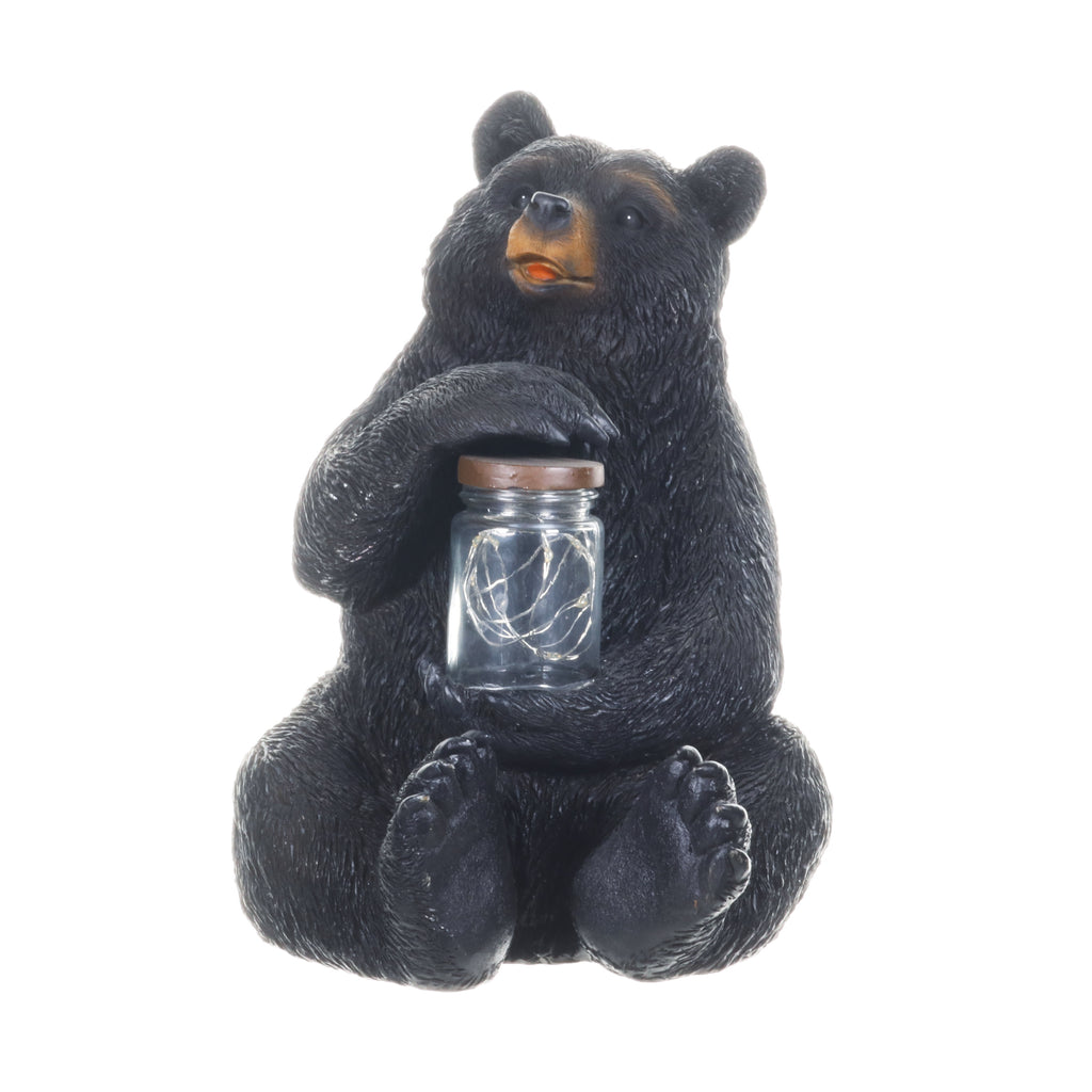 Solar Bear Garden Statue Holding A Glass Jar with Eight LED Firefly String Lights, 8.5 x 10.5 Inch
