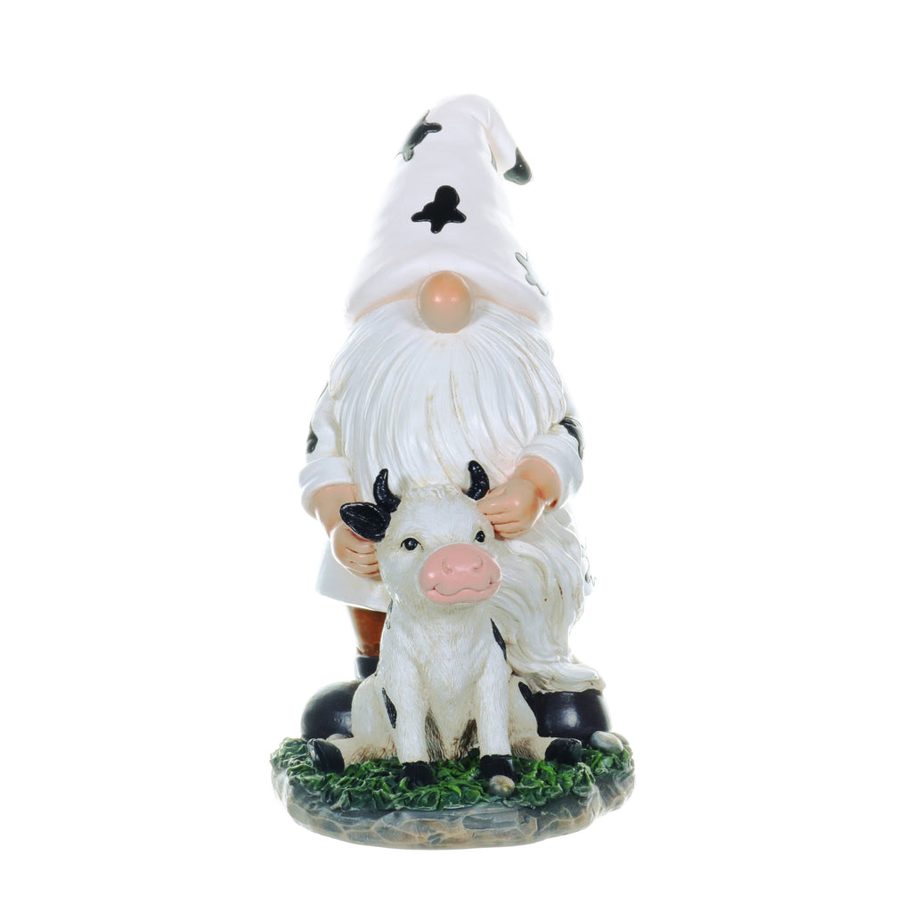 Solar Gnome with Cow Print Hat and Calf Statue, 6.5 by 10 Inches