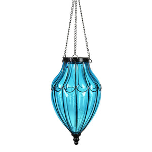 Solar Blue Glass Hanging Lantern with Waving Metal Pattern, 7.5 by 25 Inches | Shop Garden Decor by Exhart