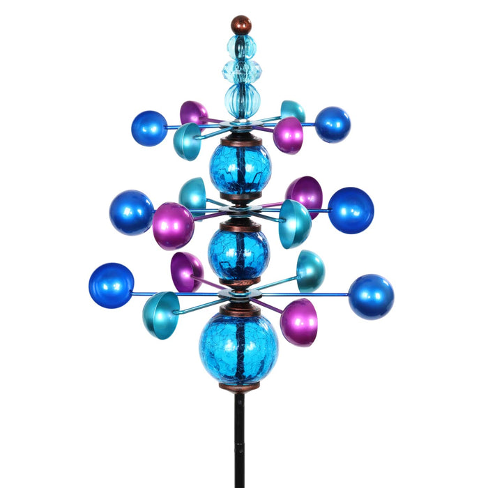 Three Tier Wind Spinner Garden Stake with Glass Crackle Balls in Blue, 14 by 48 Inches