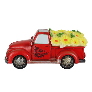 Solar Retro Red Truck with Yellow LED Sunflowers Garden Statuary, 5 Inch | Shop Garden Decor by Exhart