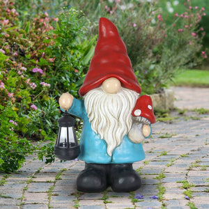 Garden Gnome With Solar Lantern and Mushroom Statuary, 11 by 19 Inches | Shop Garden Decor by Exhart