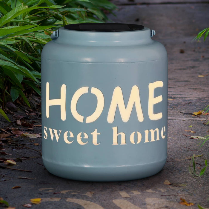 Solar Home Sweet Home Metal Garden Lantern in Blue, 7 Inch