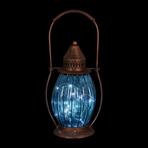 Solar Antique Metal and Sea Blue Glass Accent Lantern with Fifteen LED Firefly String Lights, 7 by 14 Inches | Exhart