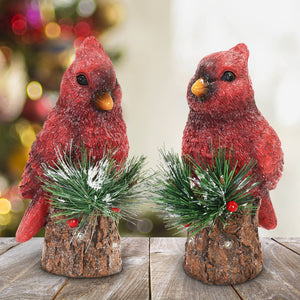 Two Piece Hand Painted Christmas Cardinal Statues with LED lights on a Battery Powered Timer, 8 Inch | Exhart