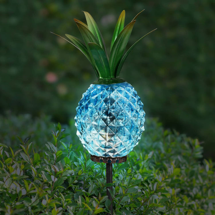 Solar Blue Textured Glass Pineapple Garden Stake With Hand Painted Metal Leaf Crown, 4 by 29 Inches