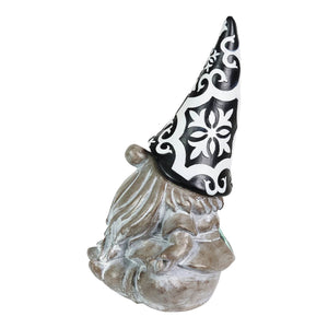 Solar Grey Gnome with Black and White Pattern Hat Garden Statue, 7 by 11 Inches | Shop Garden Decor by Exhart