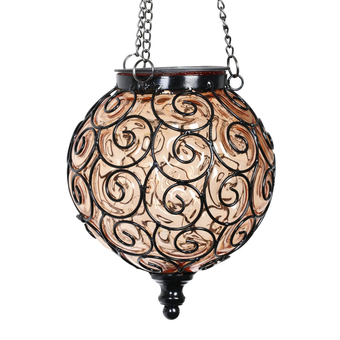 Solar Round Glass and Metal Hanging Lantern in Amber with 15 Cool White LED Firefly String Lights, 7 by 21 Inches