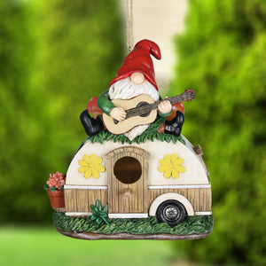 Solar Guitar Gnome on a Camper Hanging Bird House, 7.5 by 9 inches | Shop Garden Decor by Exhart