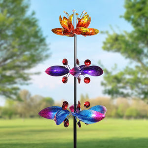 Lotus Flower Wind Spinner Garden Stake with Three Metallic Flowers, 14 by 66 Inches | Shop Garden Decor by Exhart