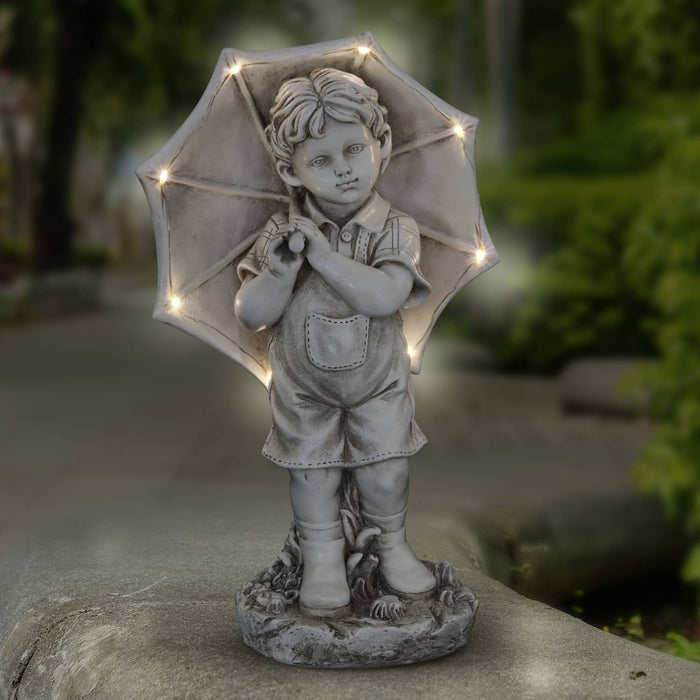 Solar Boy with Umbrella Statue in Natural Resin Finish, 19 Inch