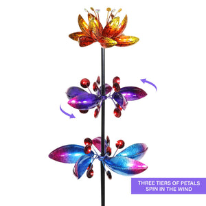 Lotus Flower Wind Spinner Garden Stake with Three Metallic Flowers, 14 by 66 Inches | Shop Garden Decor by Exhart