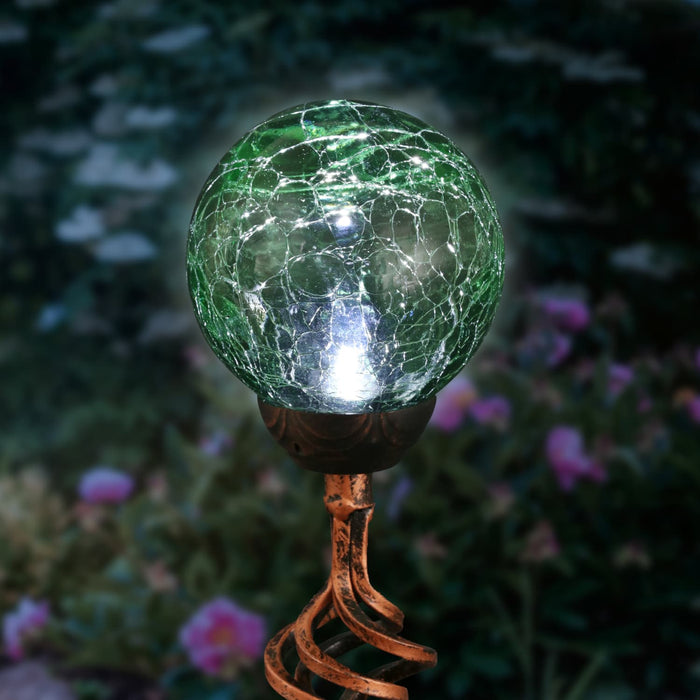 Solar Green Crackle Glass Ball Garden Stake with Metal Finial Detail, 4 by 31 Inches