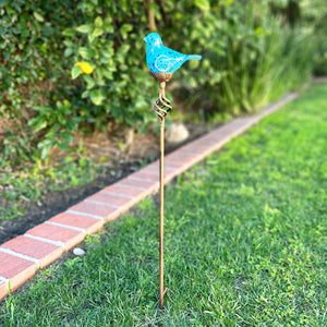 Solar Pearlized Hand Blown Glass Bird Garden Stake in Teal, 6 by 31 Inches | Shop Garden Decor by Exhart