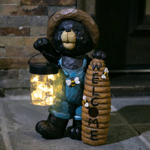 Solar Hand Painted Bear with a Lantern Jar of LED Bumblebees and a Welcome Beehive Garden Statue, 7.5 by 12.5 Inches | Exhart