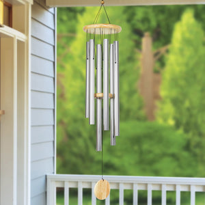 Exhart, Hand Tuned Silver Metal Chime with Natural Wood Top and Charm,  41 Inch | Shop Garden Decor by Exhart