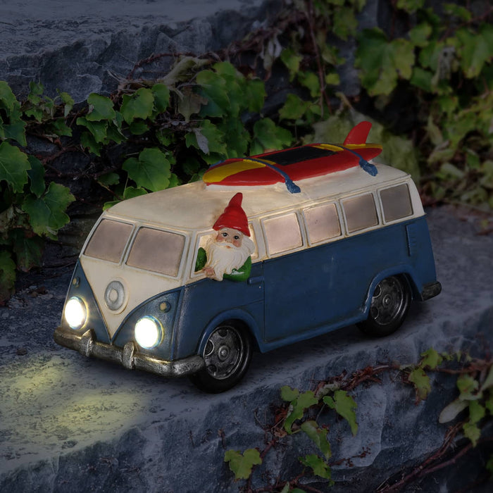 Solar Gnome in Blue Retro Van with LED Headlights and Surfboard Garden Statuary, 5.5 Inches tall