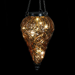 Solar Tear Shaped Amber Glass and Metal Hanging Lantern with 15 Cool White LED Fairy Firefly String Lights, 7 by 24 Inches | Exhart