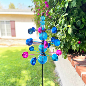 Three Tier Wind Spinner Garden Stake with Glass Crackle Balls in Blue, 14 by 48 Inches | Shop Garden Decor by Exhart