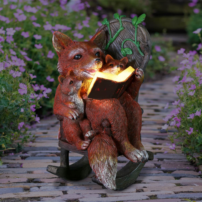 Solar Fox Family Reading a Story in a Rocking Chair Garden Statue, 12 Inch