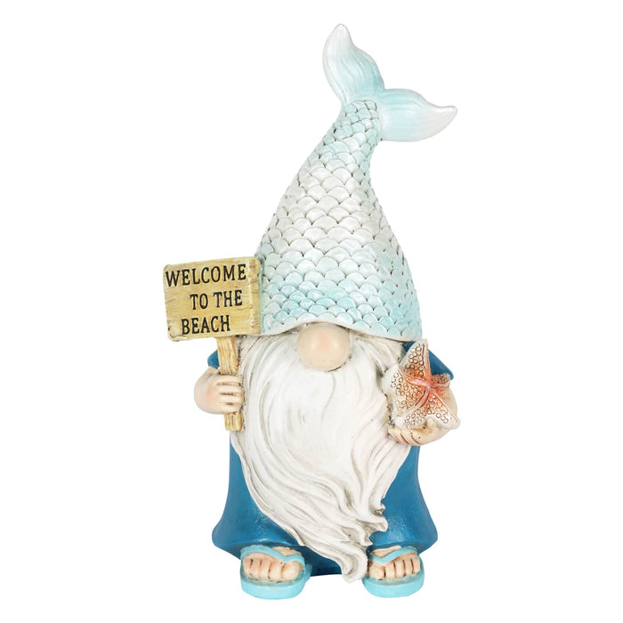 Mermaid Tail Hat Garden Gnome Statue with Welcome to the Beach Sign, 5 x 4 x 8.5 Inches