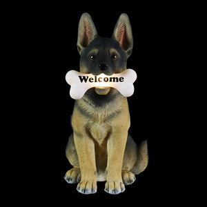 Solar German Shepherd Dog with LED Welcome Bone Garden Statuary, 14.5 Inch tall | Shop Garden Decor by Exhart