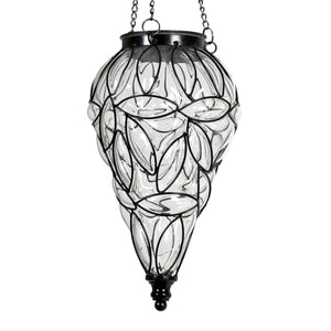 Solar Tear Shaped Clear Glass and Metal Hanging Lantern with 15 Warm White LED Fairy Firefly String Lights, 7 by 24 Inches | Exhart