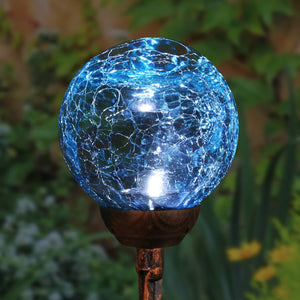 Solar Blue Crackle Glass Ball Garden Stake with Metal Finial Detail, 4 by 31 Inches | Shop Garden Decor by Exhart