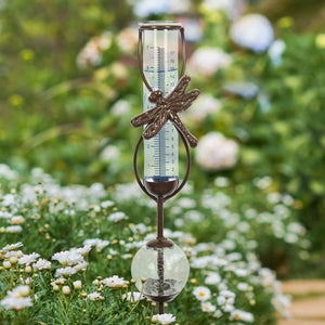 Bronze Dragonfly Rain Gauge Stake with Clear Glass Ball Detail, 32.5 Inches | Shop Garden Decor by Exhart