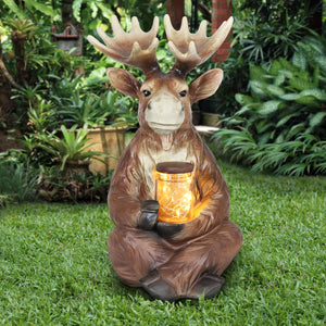 Solar Moose Garden Statue Holding a Glass Jar with Eight LED Firefly ...