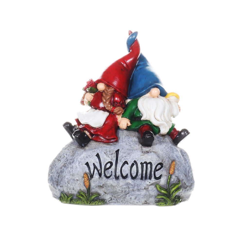 Gnome Couple on a Welcome Stone Garden Statue,7.5 by 8.5 Inches