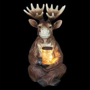 Solar Moose Garden Statue Holding a Glass Jar with Eight LED Firefly String Lights, 8.5 by 12.5 Inches | Exhart